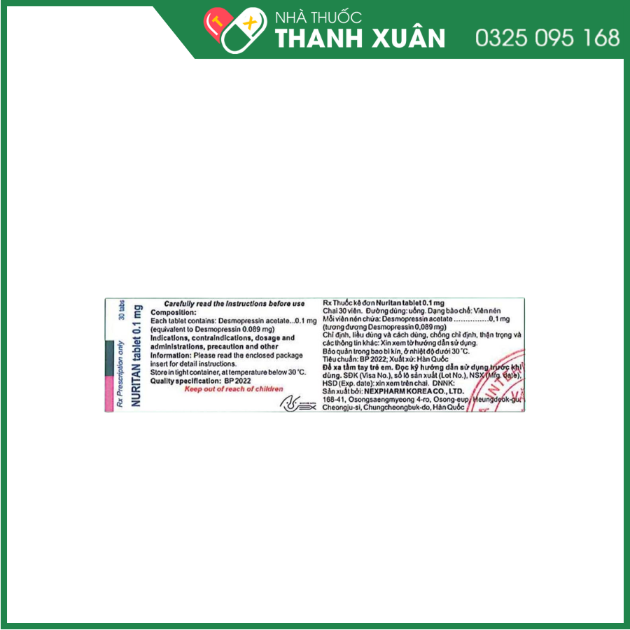 Nuritan Tablet 0.1mg - Điều trị đái tháo nhạt trung ương, đái dầm ban đêm tiên phát
